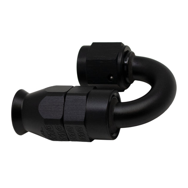 DeatschWerks 6AN female swivel hose end fitting with PTFE and olive insert, matte black anodized finish, for high-performance fuel systems.