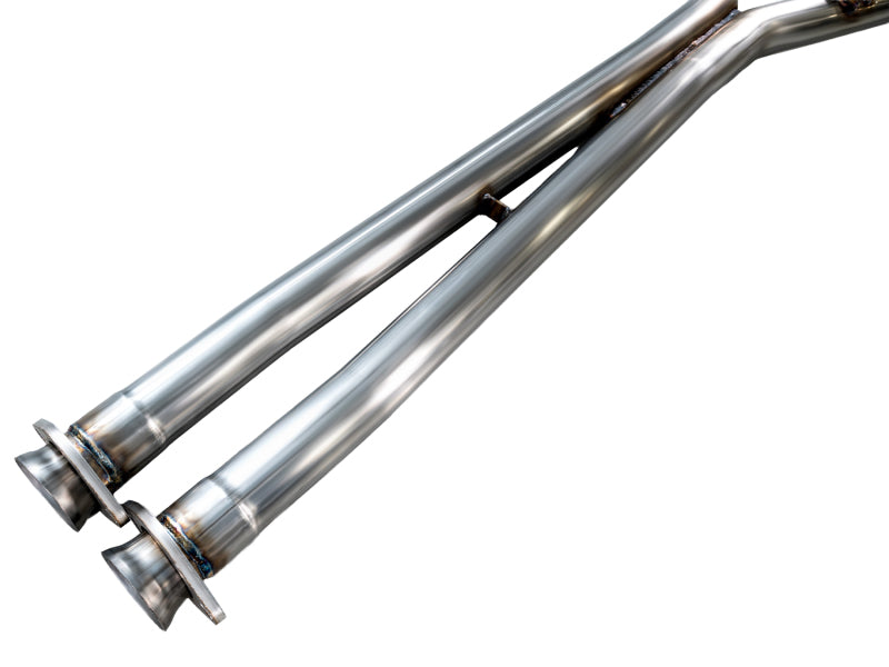 AWE Tuning X-Pipe for 2005-2007 C6 Chevrolet Corvette 6.0L engine, showing the polished stainless steel exhaust pipe with bends.