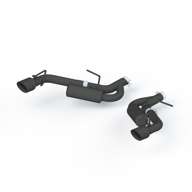 MBRP black coated axle back exhaust system with 4-inch dual wall tips for Chevrolet Camaro 2016-2019, enhances sound and style.