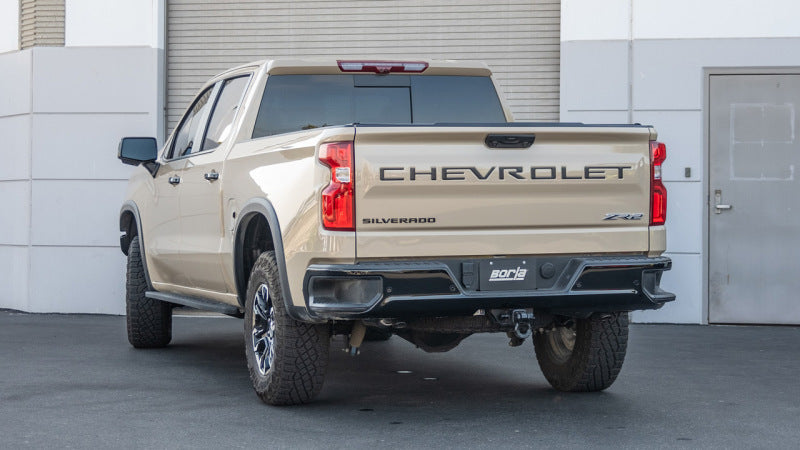 Borla cat-back exhaust system for 2022-2023 Chevrolet Silverado 1500 ZR2 & AT4X 6.2L, showing polished stainless steel pipes.