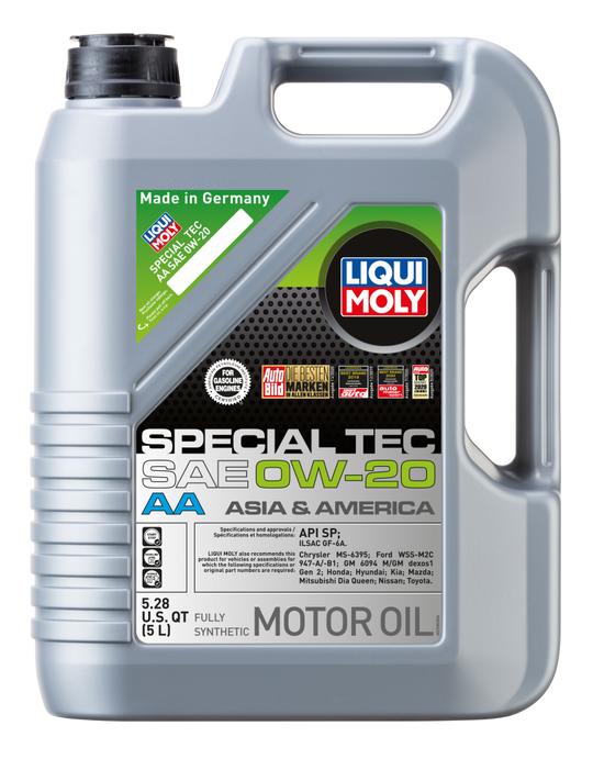 LIQUI MOLY 5L Special Tec AA 0W20 motor oil container, automotive engine oil with SAE 0W20 viscosity for vehicles.