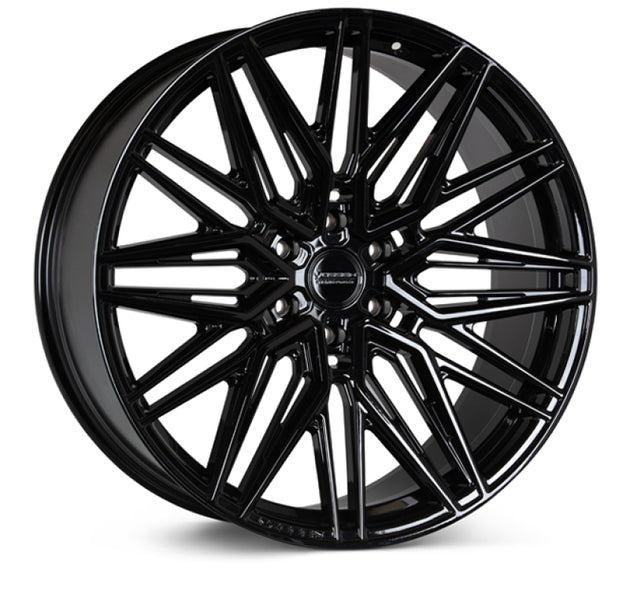 Vossen HF6-5 22-inch forged gloss black wheel with deep face, 6x135 bolt pattern, ET20 offset, and 87.1 hub bore.