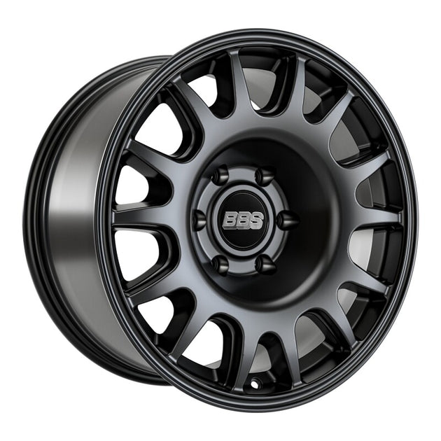 BBS TS-R 18x9 satin black cast wheel with 6x139.7 bolt pattern, 106.1 CB, and ET0 offset, shown from side angle.
