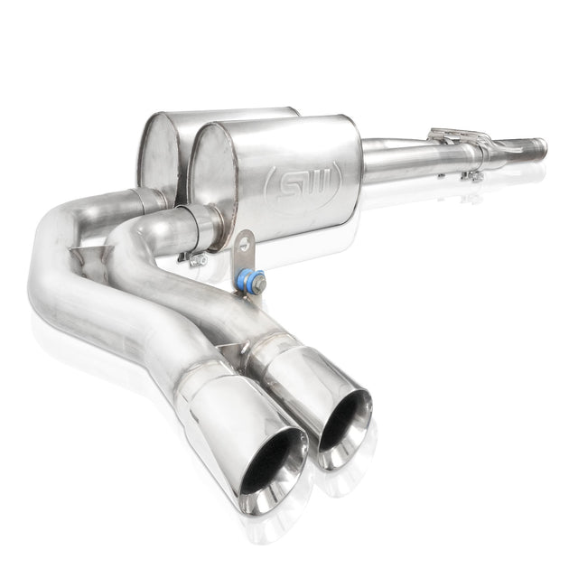 Stainless Works Lightning Style Catback exhaust system for 2007-2018 Chevrolet Silverado pickup truck, shown from the rear.