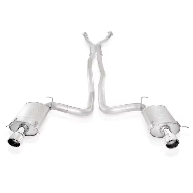 Stainless Works catback dual turbo chambered mufflers for 2004-2007 CTS-V, showcasing polished stainless steel exhaust system components.