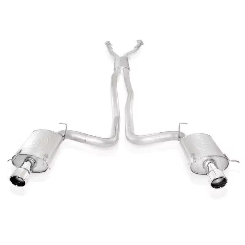 Stainless Works catback dual turbo chambered mufflers for 2004-2007 CTS-V, showcasing polished stainless steel exhaust system components.