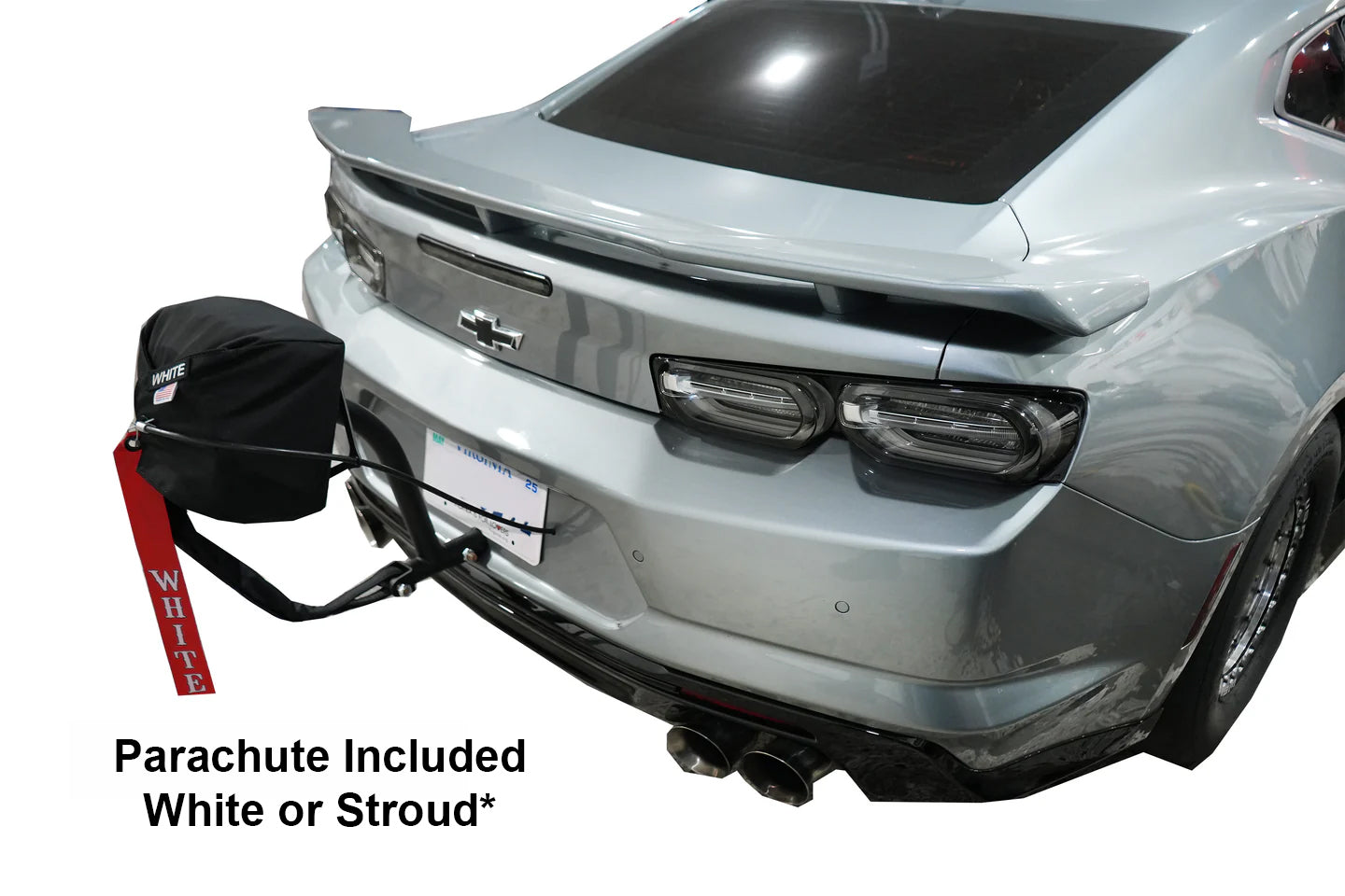 LMP 6th Gen Camaro ZL1 parachute kit with parachute and mounting hardware, designed for high-performance automotive use
