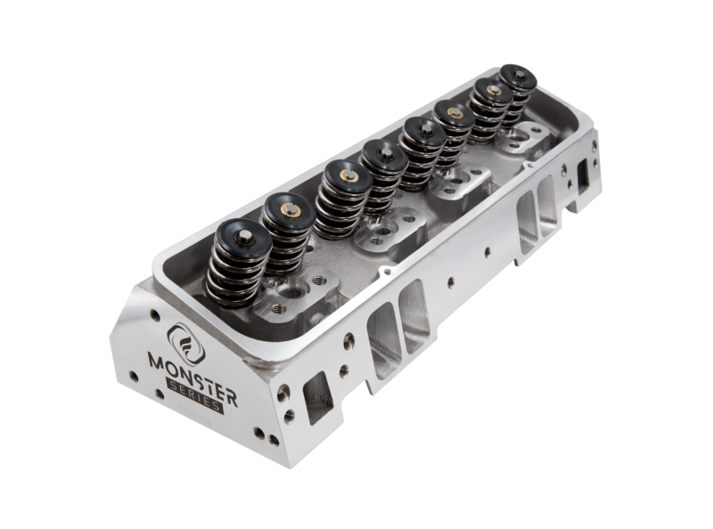 Frankenstein Engine Dynamics SBC M23 23-degree cylinder head with 223cc combustion chamber, bare metal finish, engine part.