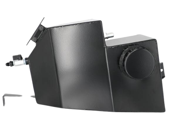 LMP C7 Z06 front expansion tank for ice cooling, shown in black with mounting brackets and inlet/outlet ports.