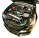 LMP Cadillac CTS-V 3 expansion tank with white plastic body and metal mounting bracket, designed for engine cooling system.