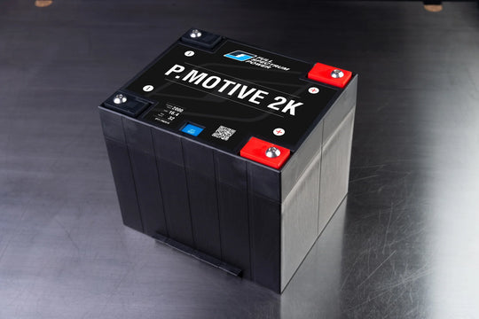 P.Motive 2K 16V battery, automotive power source with compact design, branded P.Motive, shown in the product image.
