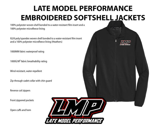 LMP embroidered softshell hoodie with front zipper, adjustable hood, and embroidered logo, ideal for outdoor wear.