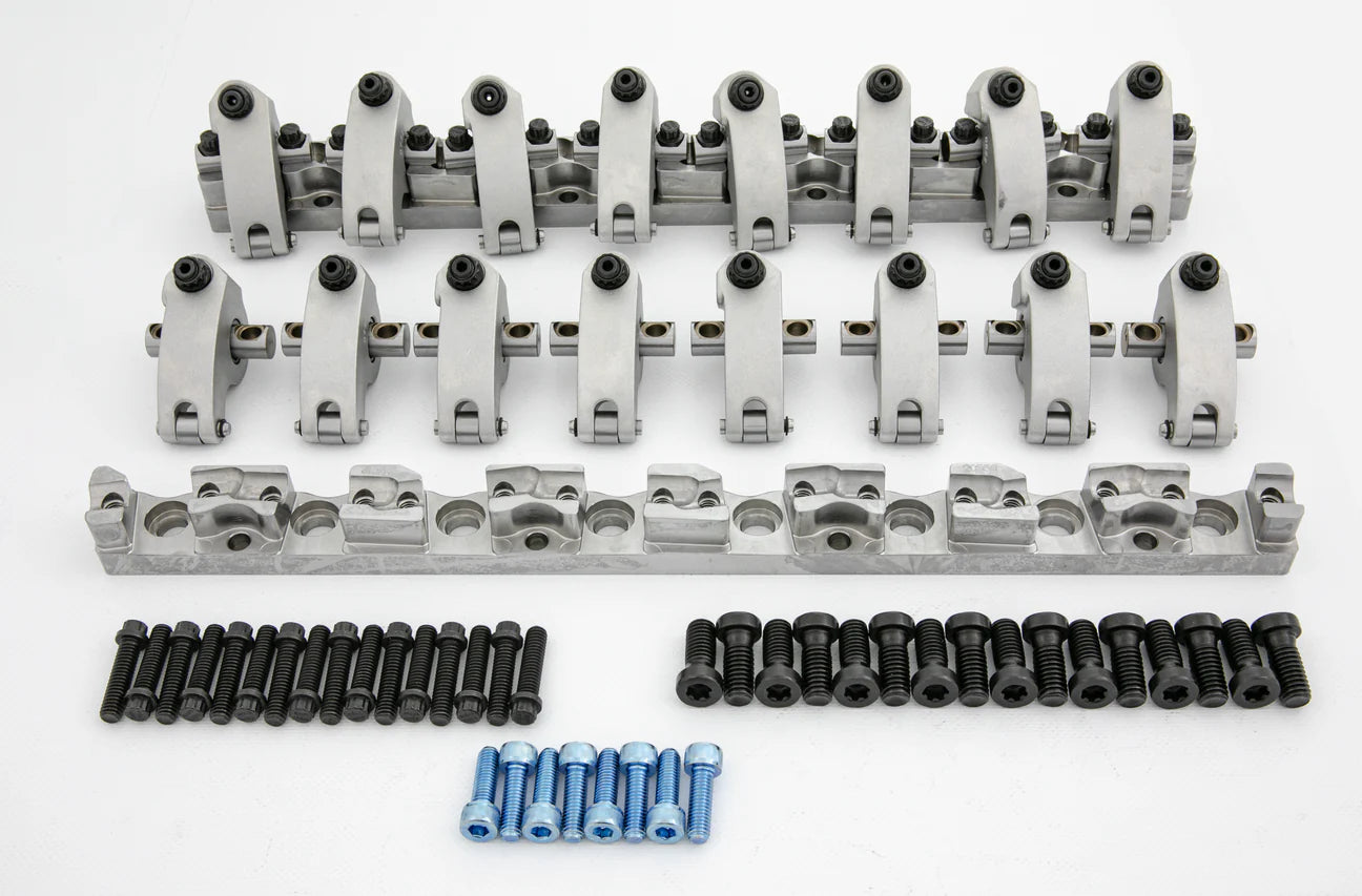 Jesel Shaft Mount Rocker Assembly in aluminum by Frankenstein Engine Dynamics, featuring detailed components and mounting hardware.