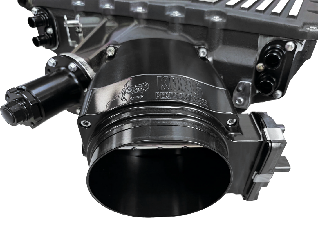 Kong Performance Magnuson LT4 supercharger parts, Kong Extreme Race Throttle and Billet Snout upgrade, shown in detailed view.