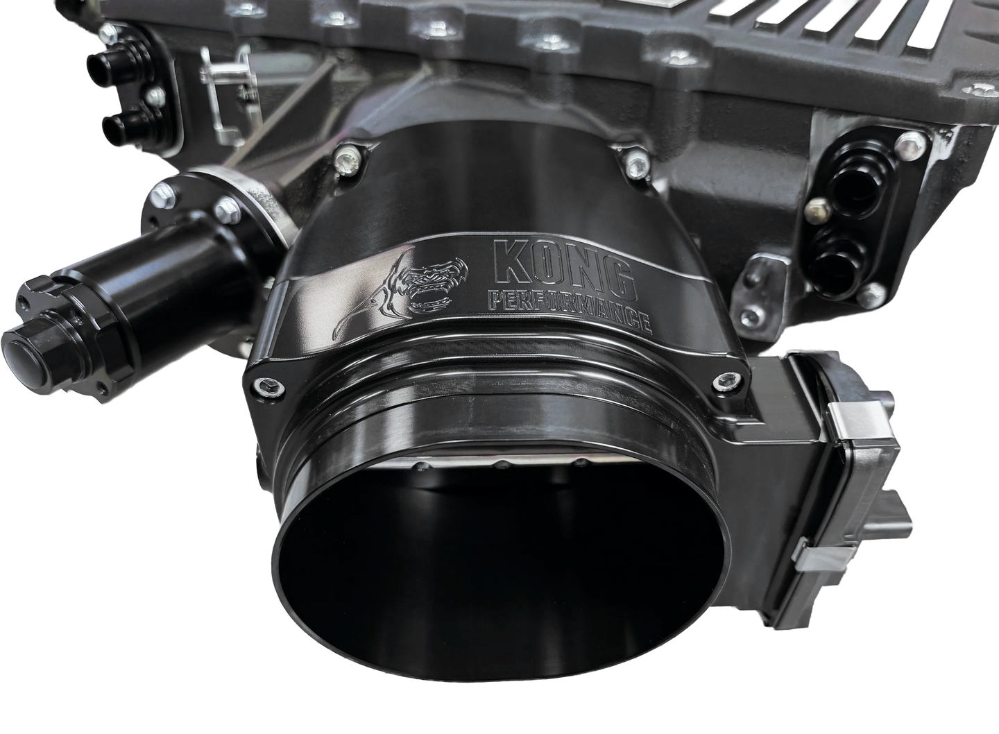 Kong Performance Magnuson LT4 supercharger parts, Kong Extreme Race Throttle and Billet Snout upgrade, shown in detailed view.