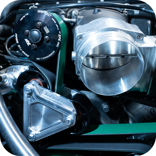 TooHighPsi SLAYER belt wrap kit for Camaro, CTS-V, CT5-V supercharger pulleys on a C7 Corvette engine.