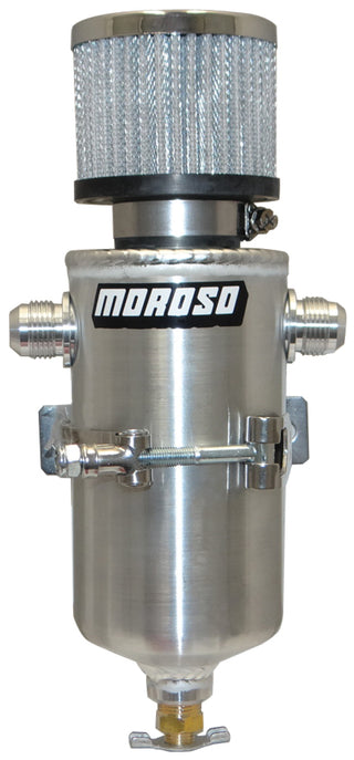 Moroso aluminum breather tank and catch can with two -10AN male fittings, designed for automotive oil catch systems.