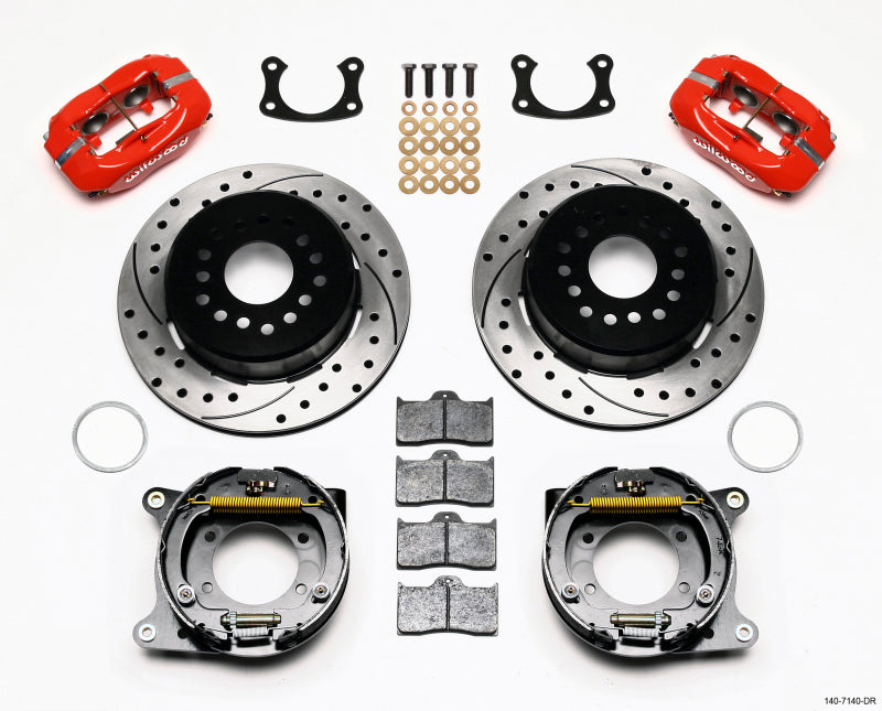 Wilwood Forged Dynalite Big Brake Kit with drilled red calipers and 2.50-inch offset for Ford vehicles, showcasing the brake components.