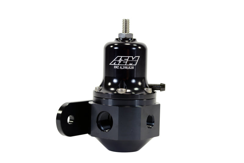 AEM high capacity universal black adjustable fuel pressure regulator showing the regulator with hoses and fittings.