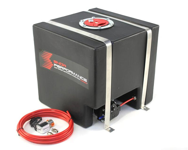 Snow Performance 7-gallon water tank upgrade reservoir with braided SS line, brackets, solenoid, and 4AN fittings.