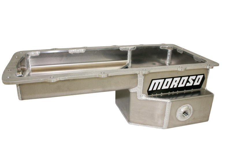 Moroso Ford 5.0 Coyote drag race aluminum oil pan with rear sump, baffled wet sump design, 9-quart capacity, shown from side angle