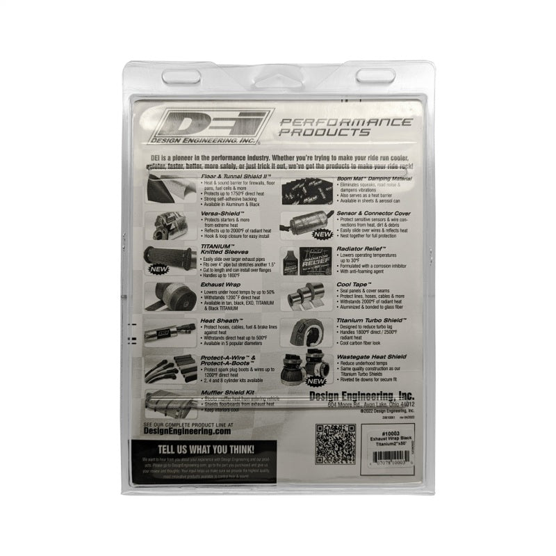 Black DEI Titanium Exhaust Wrap 2in x 50ft, heat-resistant insulation wrap for exhaust pipes and headers.