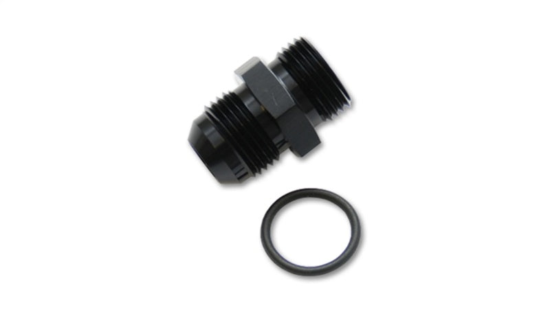 Vibrant -10AN flare to AN straight thread adapter fitting with O-ring, black anodized finish, close-up view showing threading and O-ring seal