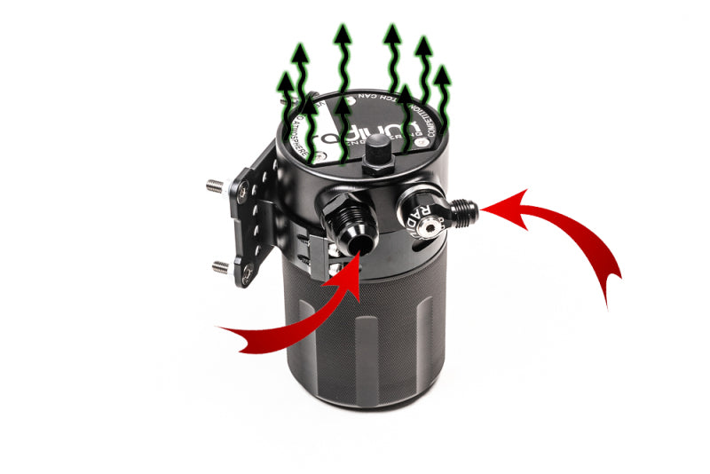 Radium Engineering Competition Catch Can XL VTA/VTE oil catch can with black finish, mounted on a vehicle engine bay.