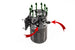 Radium Engineering Competition Catch Can L, an oil catch can with black finish, shown from a side view with hoses attached.