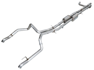 AWE Tuning 4th Gen GM 1500 6.2L cat-back exhaust with split rear exit and bumper cutouts, featuring OE tips on a pickup truck.