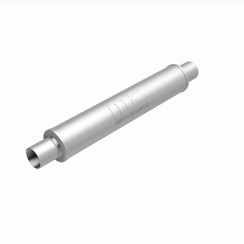 MagnaFlow Mag SS muffler with 22x4x4 inch dimensions and 2.5 inch center inlet, shown in a close-up view.