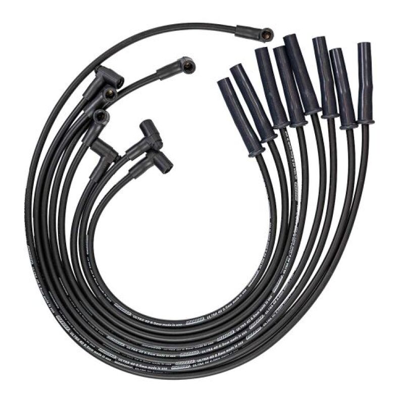 Moroso GM BBC 366-454 HEI-style spark plug wire set with black Ultra 40 8.5mm multi-angle wires for high-performance ignition systems.