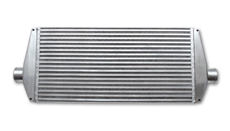 Vibrant air-to-air intercooler with end tanks, 25-inch wide, 12-inch high, 3.5-inch thick, with 3-inch inlet and outlet.