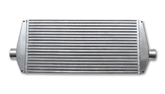 Vibrant air-to-air intercooler with end tanks, 25-inch wide, 12-inch high, 3.5-inch thick, with 3-inch inlet and outlet.