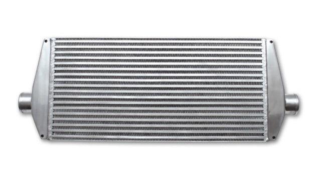 Vibrant air-to-air intercooler with end tanks, 25-inch wide, 12-inch high, 3.5-inch thick, with 3-inch inlet and outlet.