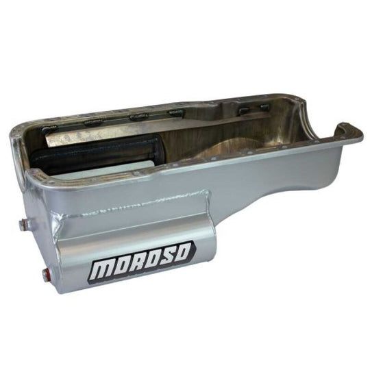 Moroso Ford 289-302 Small Block Oil Pan showing a black metal oil pan with mounting flange and drain plug for small block engines.