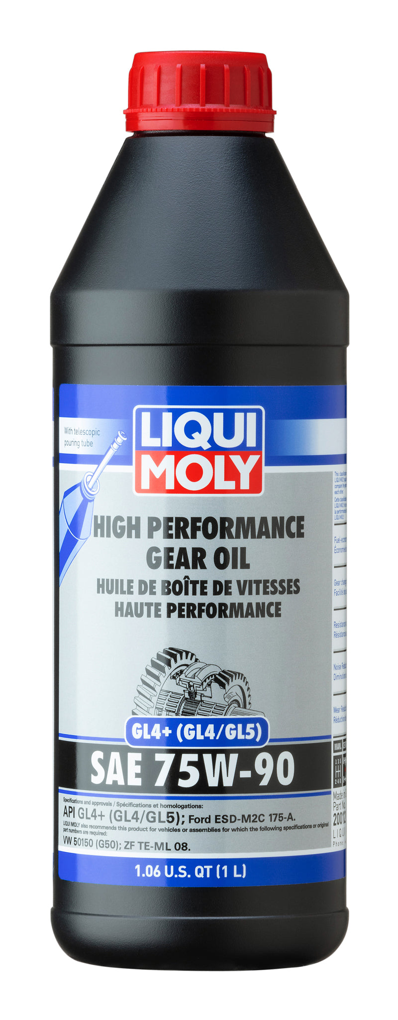 LIQUI MOLY 1L High Performance Gear Oil GL4+ SAE 75W90 bottle for gear lubrication and vehicle maintenance.