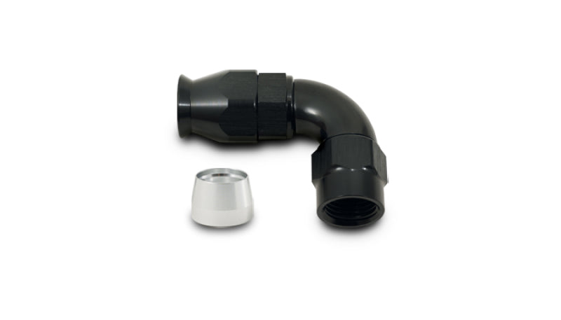 Vibrant -6AN 90 degree elbow hose end fitting for PTFE lined hose, showing the durable metal fitting with smooth bends.