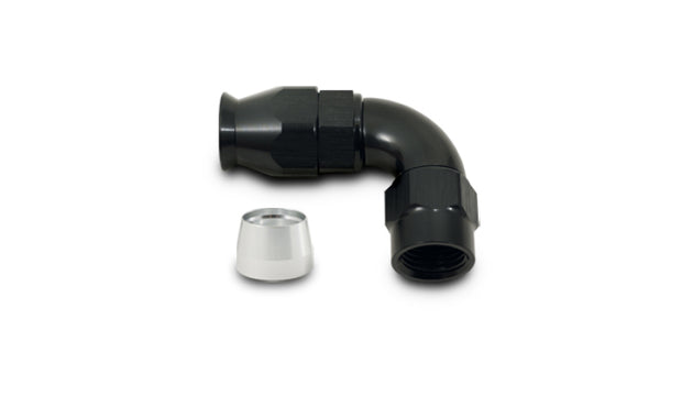 Vibrant -6AN 90 degree elbow hose end fitting for PTFE lined hose, showing the durable metal fitting with smooth bends.