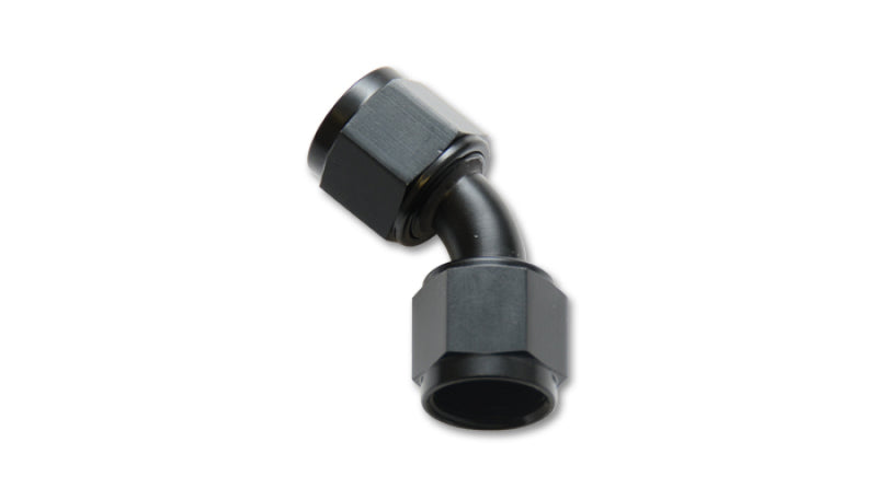 Vibrant black -20AN female flare swivel 45-degree fitting, anodized aluminum, designed for high-performance automotive or racing connections.