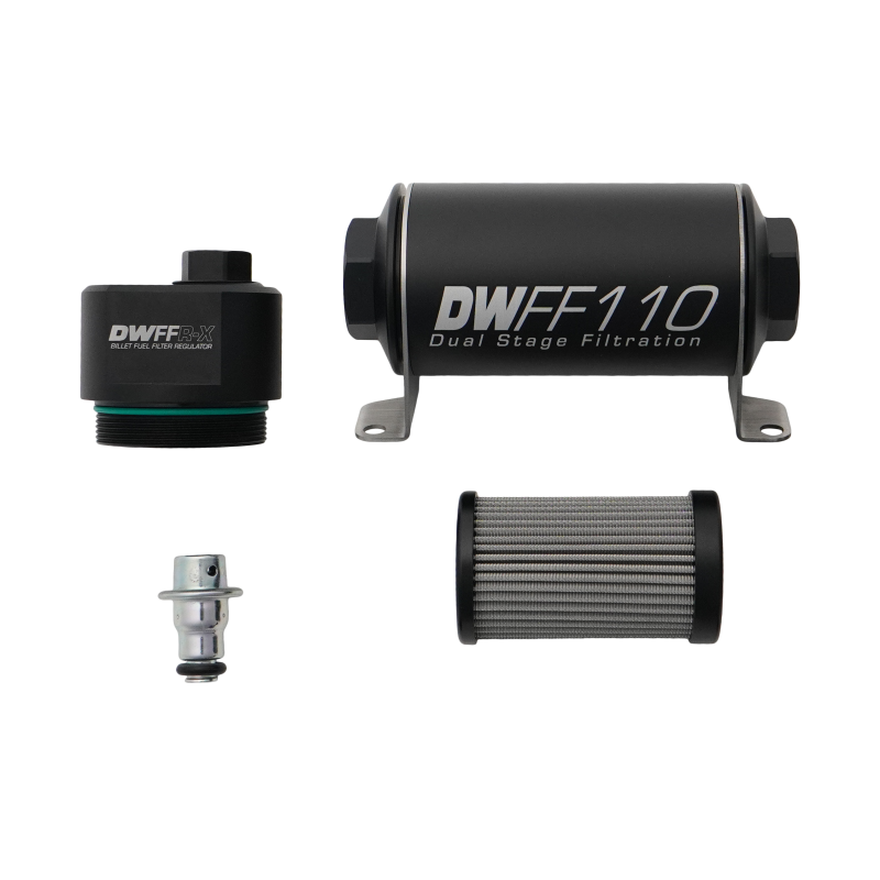 DeatschWerks DWFFR-X 110mm billet fuel filter regulator with 10-micron filtration, made of durable metal, for precise fuel pressure control.