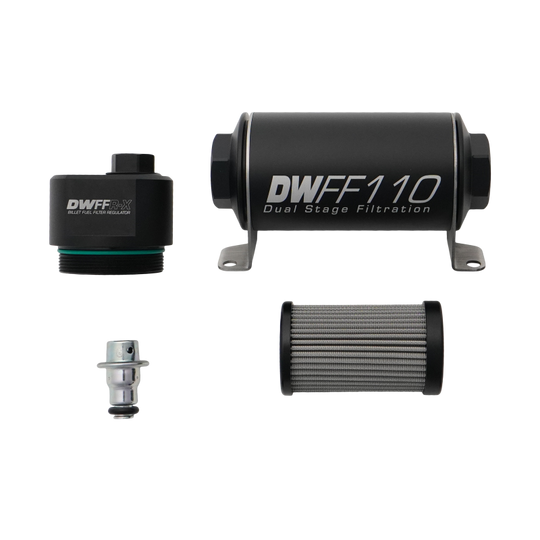 DeatschWerks DWFFR-X 110mm billet fuel filter regulator with 10-micron filtration, made of durable metal, for precise fuel pressure control.