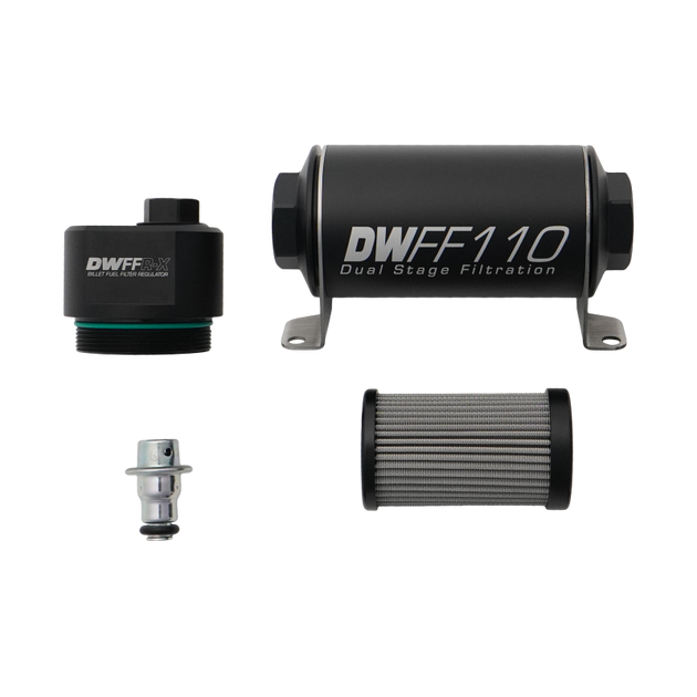 DeatschWerks DWFFR-X 110mm billet fuel filter regulator with 10-micron filtration, made of durable metal, for precise fuel pressure control.