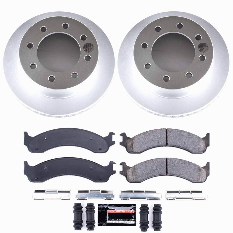 PowerStop Z23 coated brake kit for Dodge Ram 2500 front brakes, showing new brake rotors and pads.