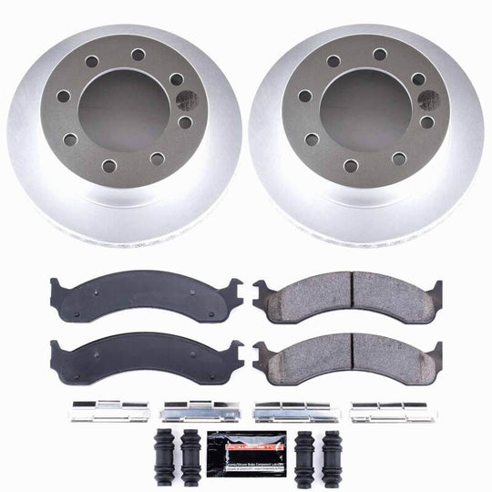 PowerStop Z23 coated brake kit for Dodge Ram 2500 front brakes, showing new brake rotors and pads.