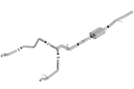 Borla catback exhaust system for 2019 Chevy Silverado and GMC Sierra 1500 6.2L with factory tips, featuring stainless steel construction.