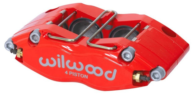 Wilwood red performance brake caliper with 1.25-inch piston, dust seal, designed for .38/.500-inch rotors, ideal for high-performance braking.