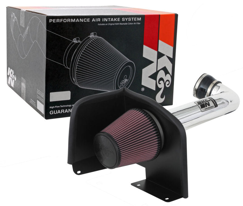 K&N Engineering high flow cold air intake kit for 2009-2010 Yukon, Sierra, Tahoe, Silverado, and Escalade vehicles, showing the intake components.