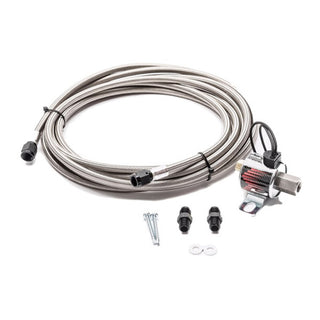 Snow Performance braided SS line trunk mount upgrade for injection pump systems, featuring durable 4AN stainless steel braided line.