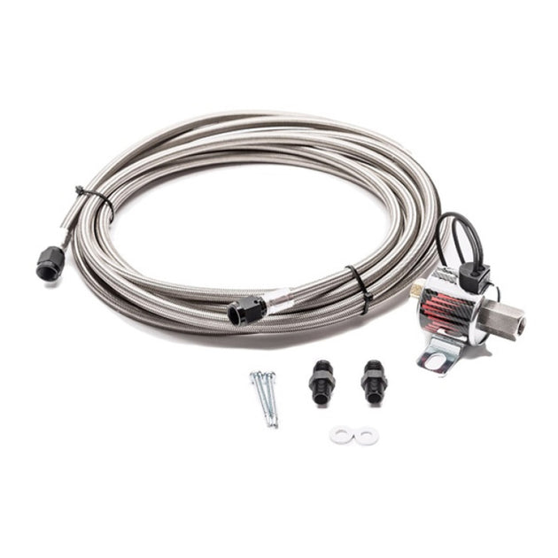 Snow Performance braided SS line trunk mount upgrade for injection pump systems, showing durable 4AN stainless steel braided lines.